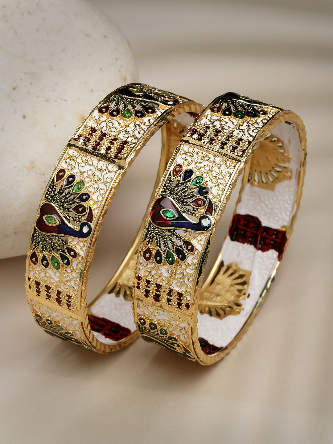 NVR Women's Set of 2 Gold-Polished Peacock Design Meenakari Handcrafted Bangles - Swadesiicart