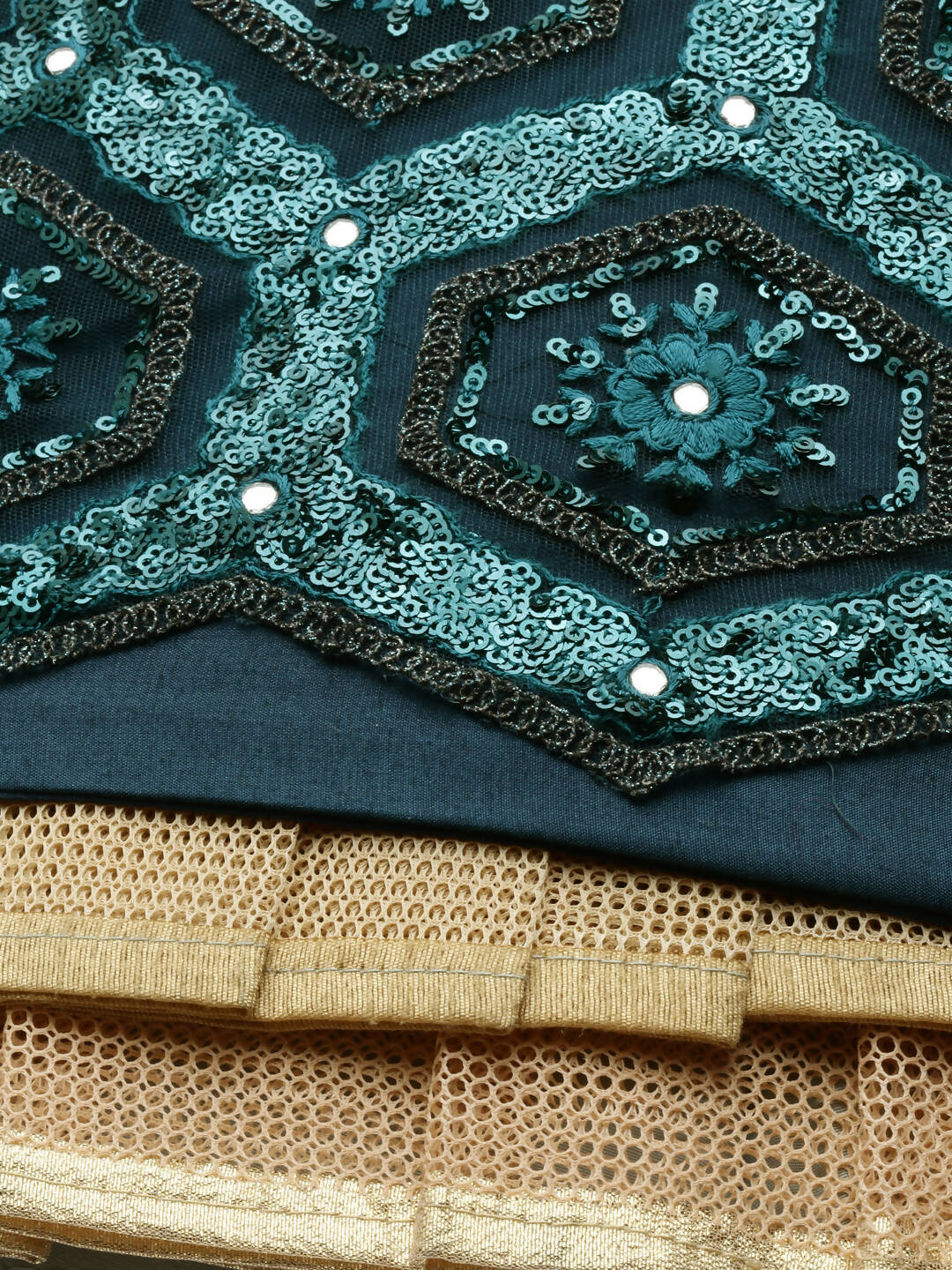 House of Panchhi Women Teal Net Embroidered Sequins Lehenga & Blouse with Dupatta | Swadesiicart