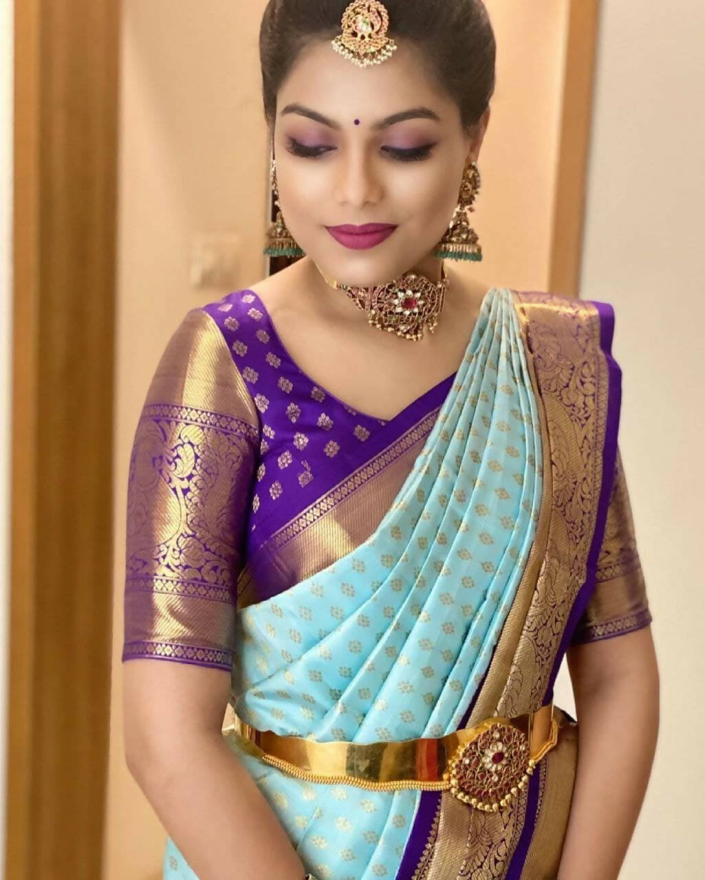 DEIANA'S Beautiful Designer Golden zari Soft Lichi Silk Saree - Sky - Swadesiicart
