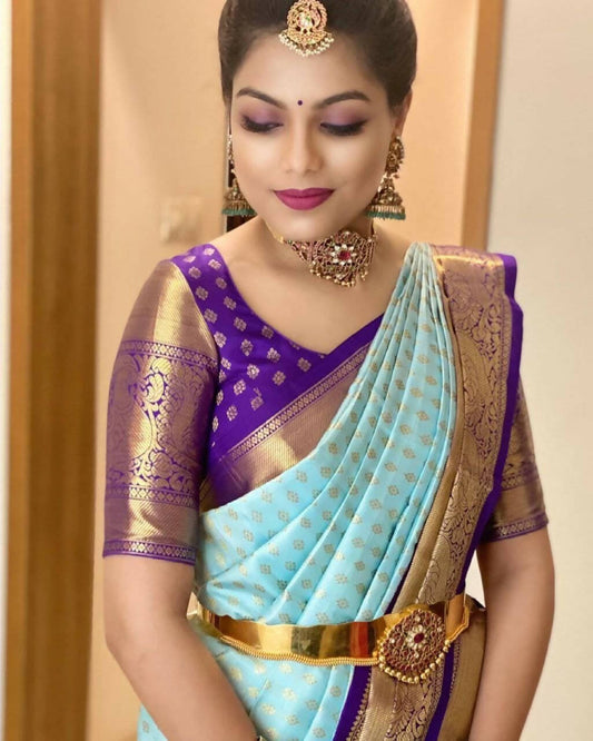 DEIANA'S Beautiful Designer Golden zari Soft Lichi Silk Saree - Sky - Swadesiicart