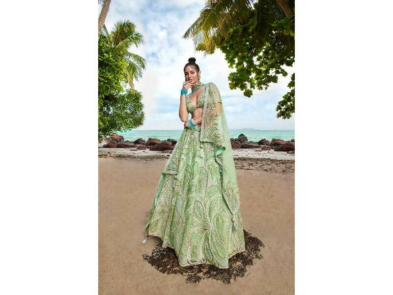 House of Panchhi Lime green Net Multi Sequins with heavy Zarkan embroidery Lehenga choli & Dupatta | Swadesiicart