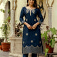 The52 Navy Blue Women's Beautiful Viscose Chanderi Fabric Thread Work Straight Kurta Pant and Dupatta Set - Swadesiicart