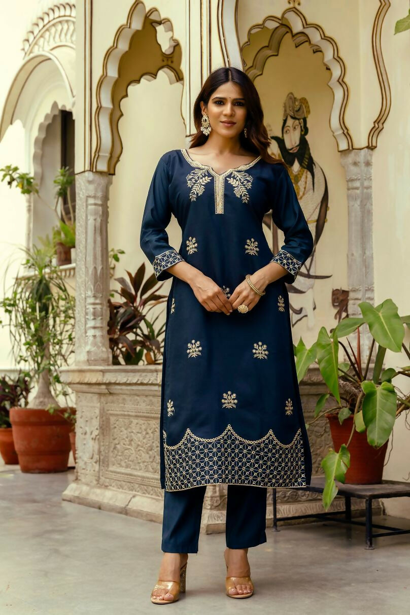 The52 Navy Blue Women's Beautiful Viscose Chanderi Fabric Thread Work Straight Kurta Pant and Dupatta Set - Swadesiicart