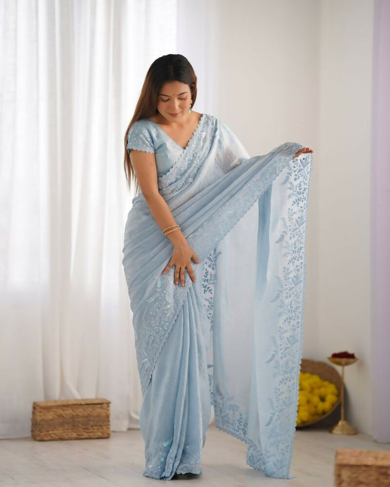 Vamsee Onam Sky Crushed Fandy Tissue Silk Saree - Swadesiicart