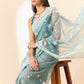 Blue Organza Geometric Embroidered Saree with Unstitched Blouse Piece - Roozal