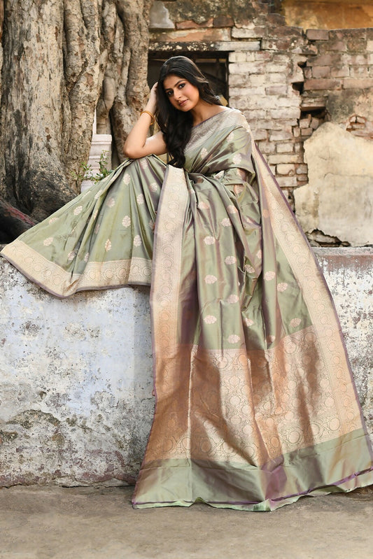 Joban Fashion Pea Green Pure Katan Pure Handloom Banarasi Silk Saree | Swadesiicart