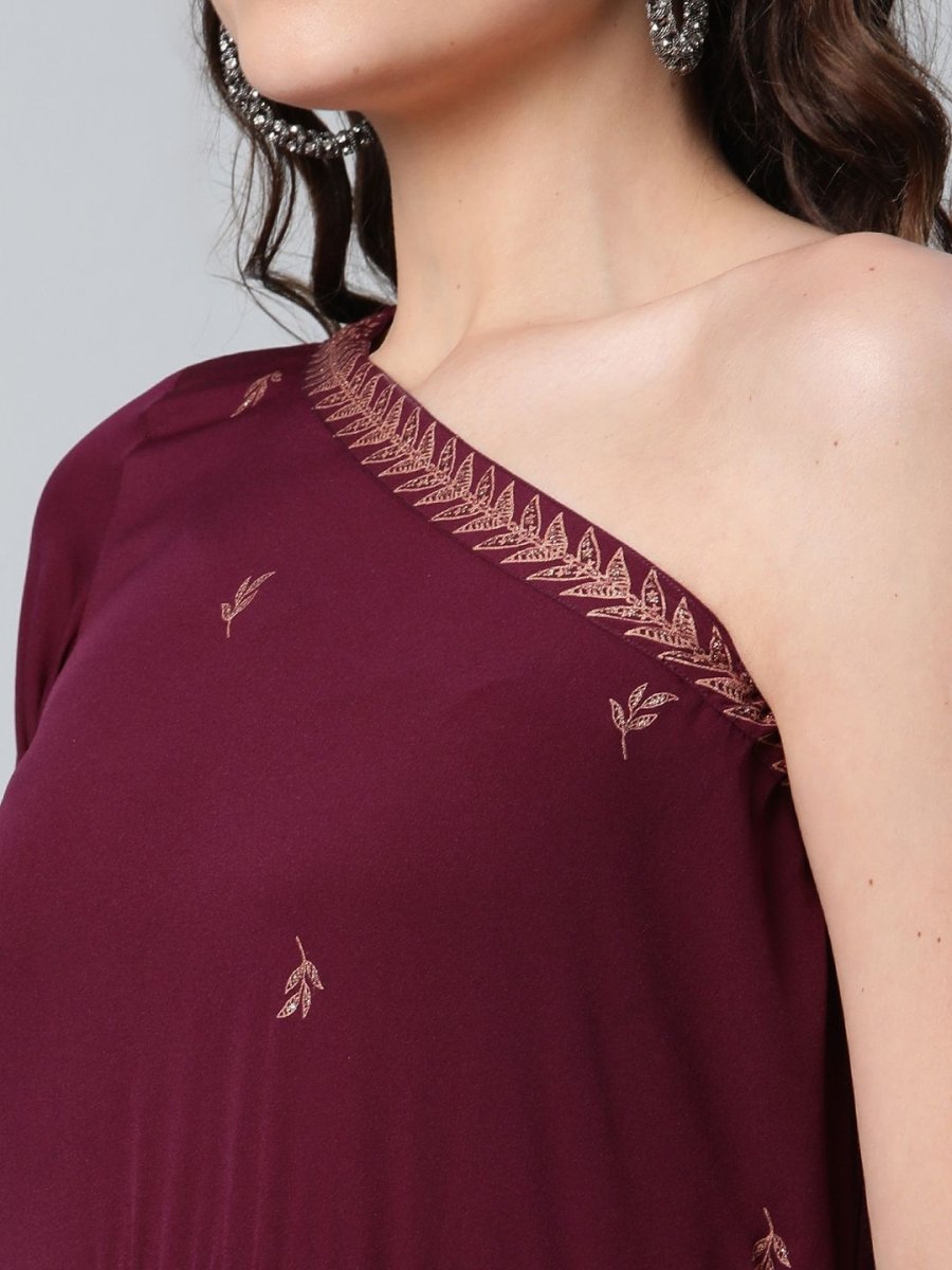 Ahalyaa Women Burgundy & Gold-Toned Ethnic Motifs One Shoulder Ethnic Maxi Dress | Swadesiicart
