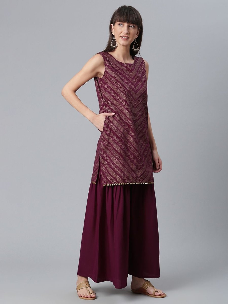 Ahalyaa Wine Crepe Glitter Print Kurta with Sharara and dupatta Set | Swadesiicart