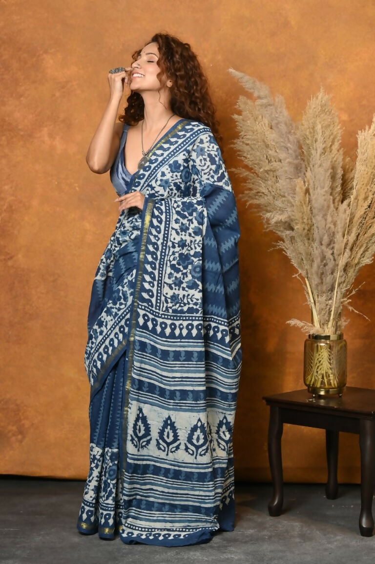 Very Much Indian Handblock Printed Cotton Saree With Natural Dyes - Blue | Swadesiicart