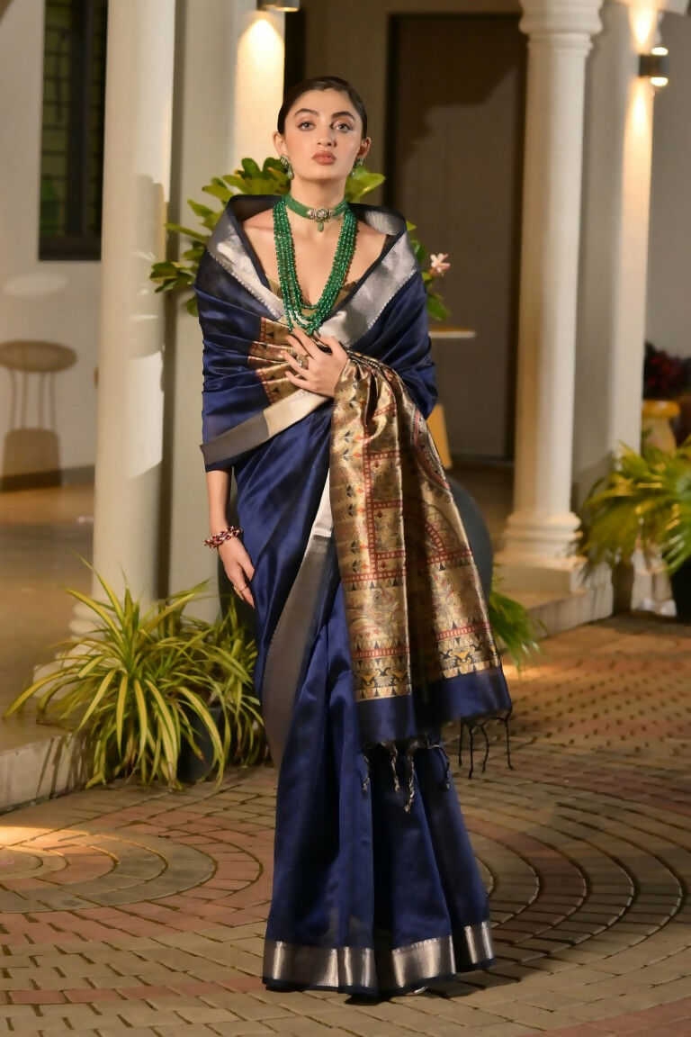 Vishnu Weaves Women's Blue Soft Tussar Silk Printed Saree with Blouse - Swadesiicart