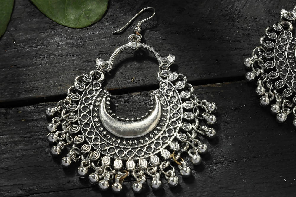 Mominos Fashion Johar Kamal Oxidised Silver-Plated Chandbali Earrings - Swadesiicart