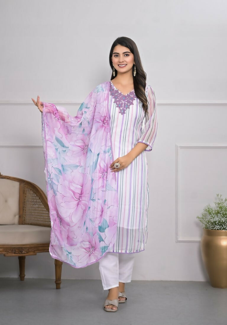 White Viscose Silk Embroidery with Thread and sequence Stitched Suit With Dupatta - Tanisha | Swadesiicart
