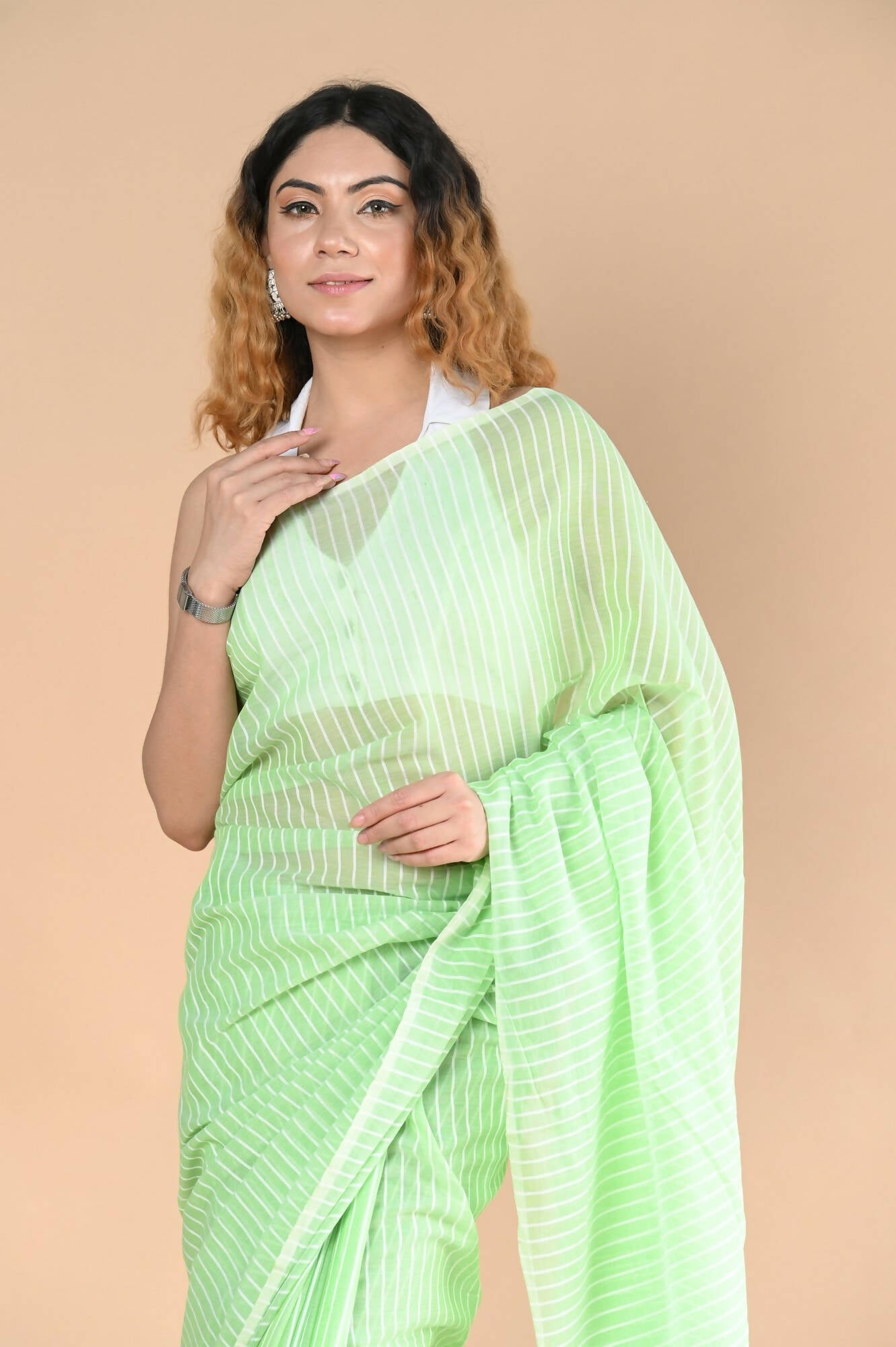 Very Much Indian Designer Pure Cotton Saree With All Over Linear Stripes - Fern Green | Swadesiicart