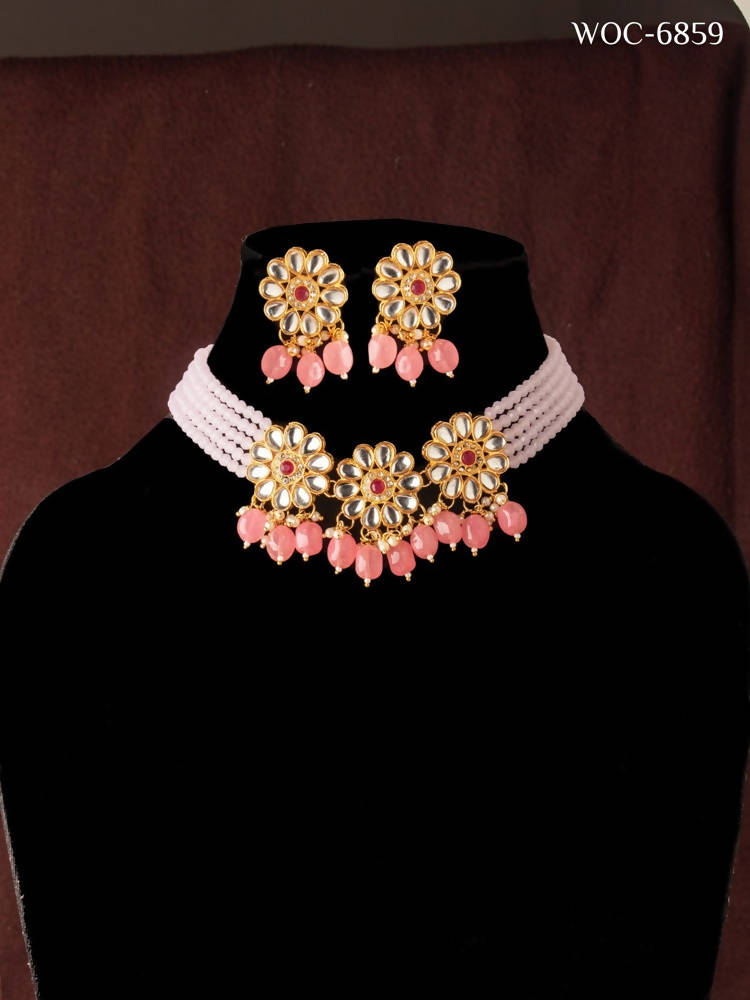 Mominos Fashion Johar Kamal Women's Pink Beads Pearls Gold-Polished Jewellery Set | Swadesiicart