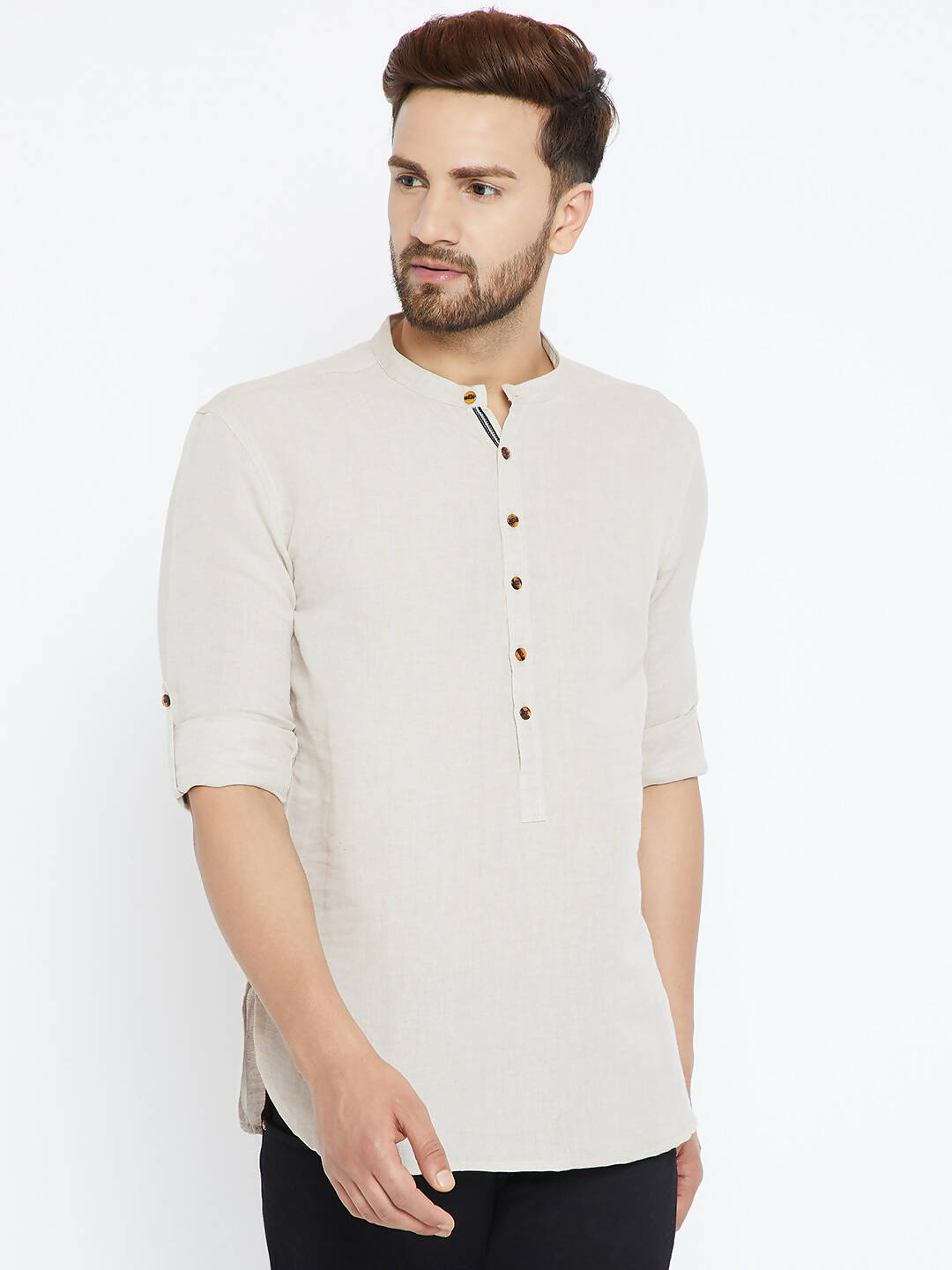 Even Apparels Beige Linen Linen Men's Kurta With Band Collar | Swadesiicart