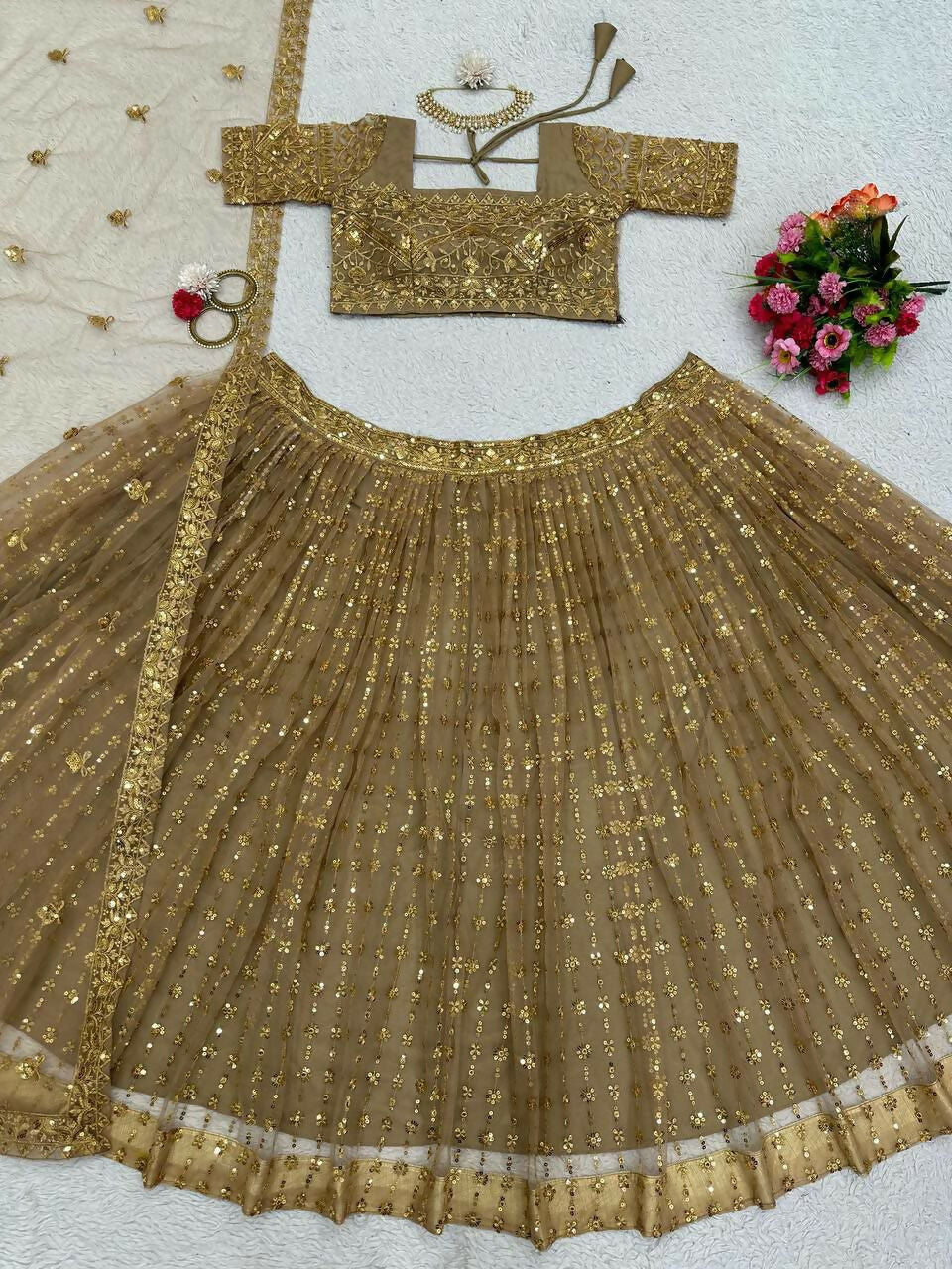 Jyoti Fashion Women's Beige Butterfly Net Sequins with Thread Embroidered Designer Lehenga Choli Set | Swadesiicart