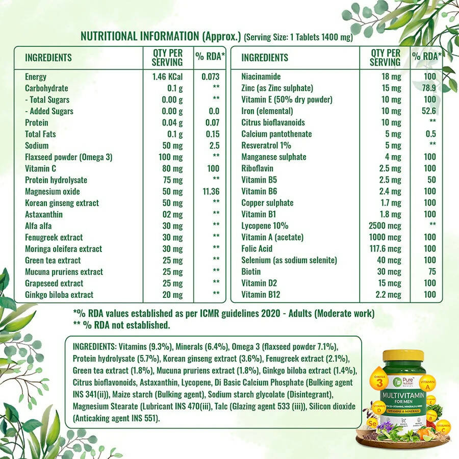 Pure Nutrition Multivitamin For Men Veg Tablets | Swadesiicart