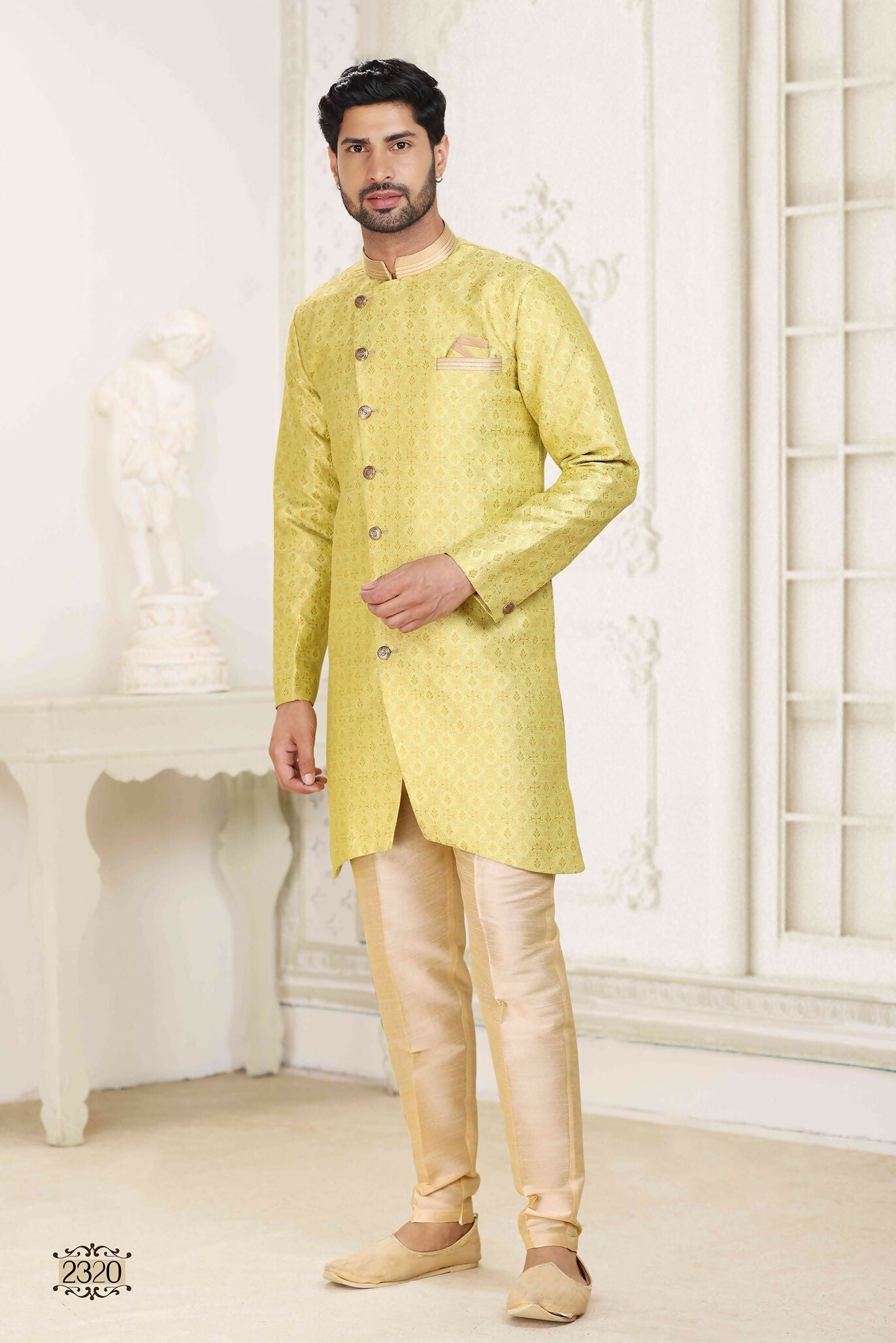 Raivat Ethnic Banarasi Jacquard Embroidery Semi Indo Western Sherwani In Lemon Yellow Colour | Swadesiicart