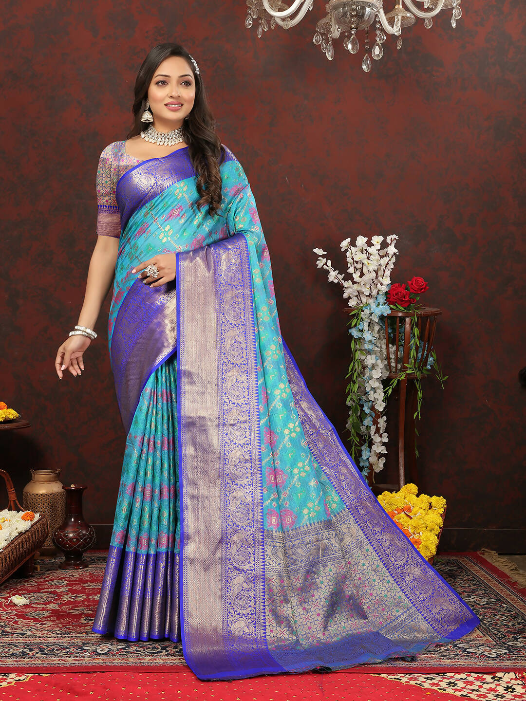 Lorenvalley Fashion Skyblue Cotton Woven Design Zari Meenakari Weaving Saree - Swadesiicart