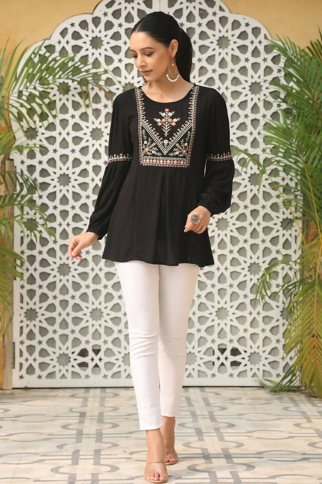 Juniper Women's Black Rayon Crepe Solid With Embroidery Straight Tunic | Swadesiicart