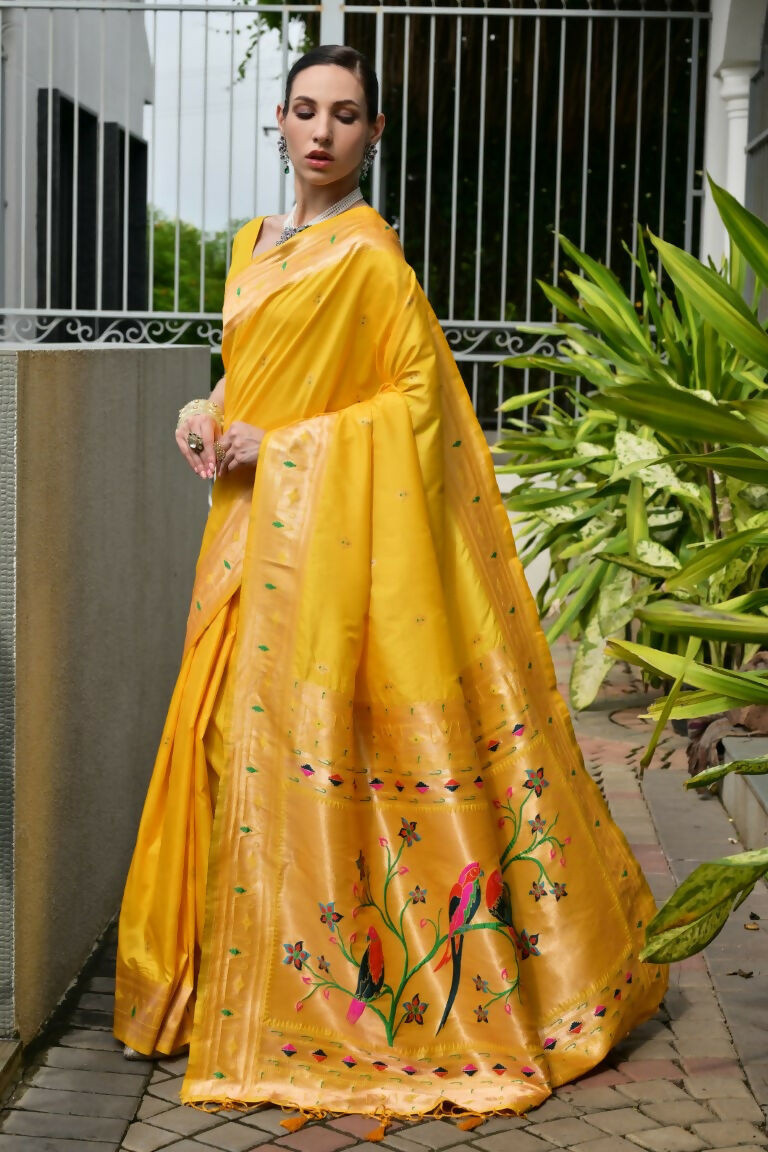Vishnu Weaves Women's Yellow Paithani Silk Zari Woven Saree with Blouse - Swadesiicart