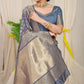 Jyoti Fashion Women's Grey Kanjivaram Silk Zari Woven Saree with Blouse | Swadesiicart