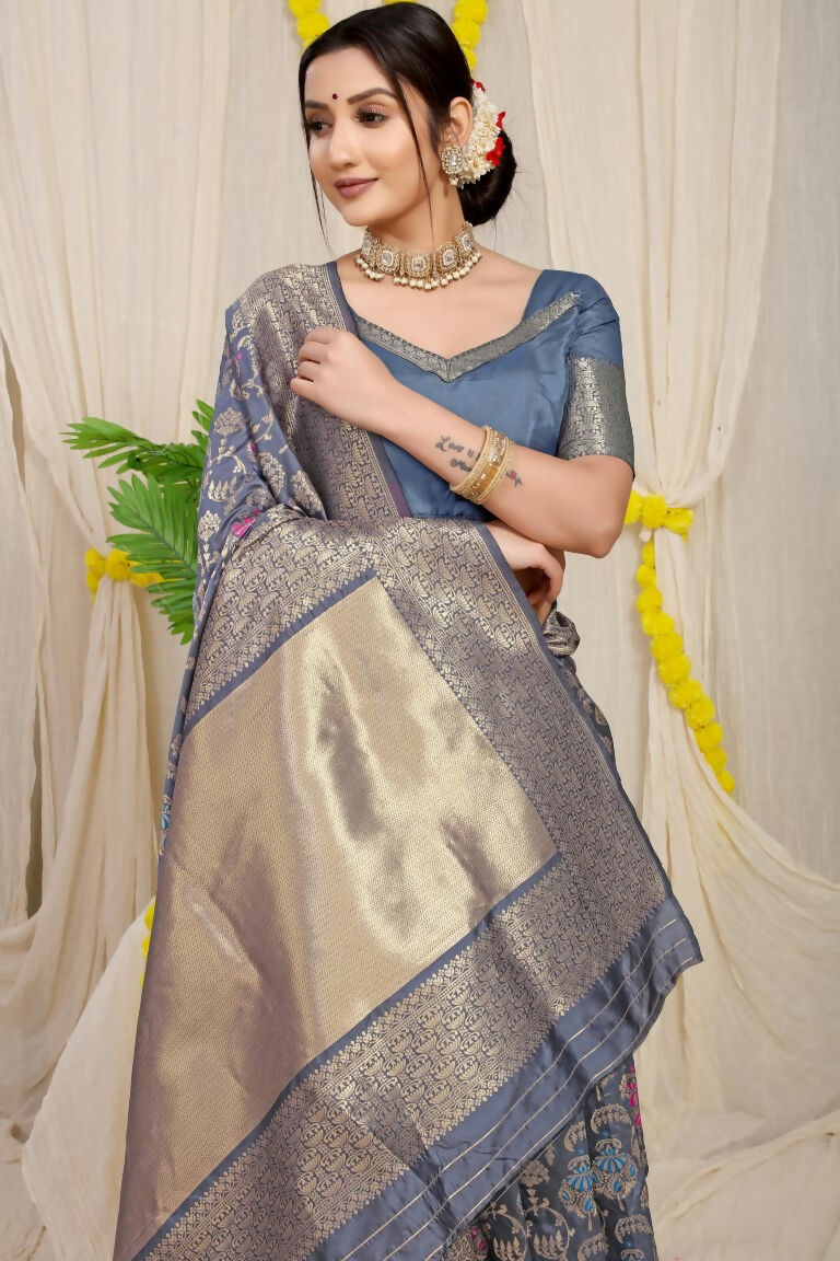 Jyoti Fashion Women's Grey Kanjivaram Silk Zari Woven Saree with Blouse | Swadesiicart