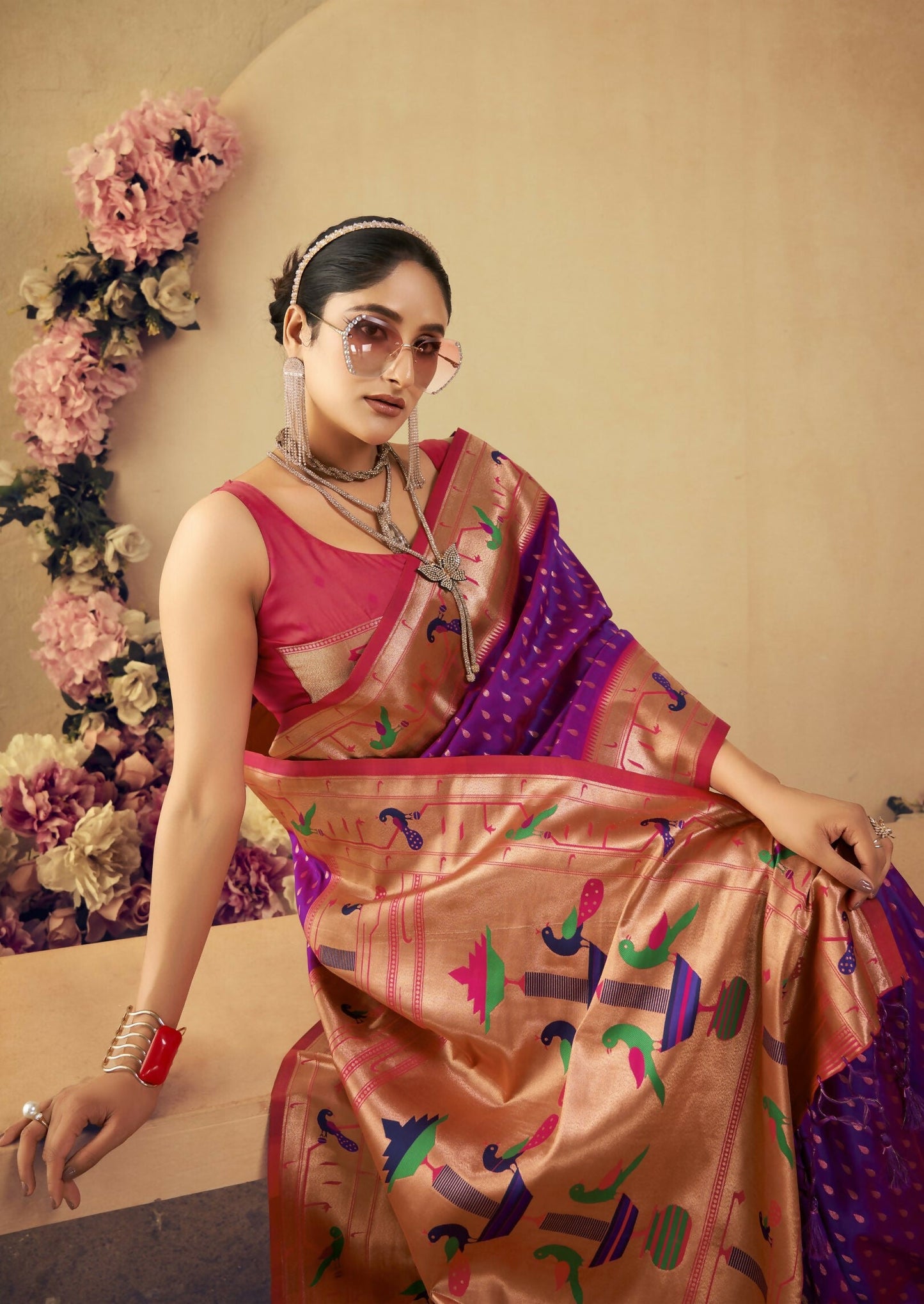 Vishnu Weaves Women's Wine Paithani Silk Saree with Blouse - Swadesiicart