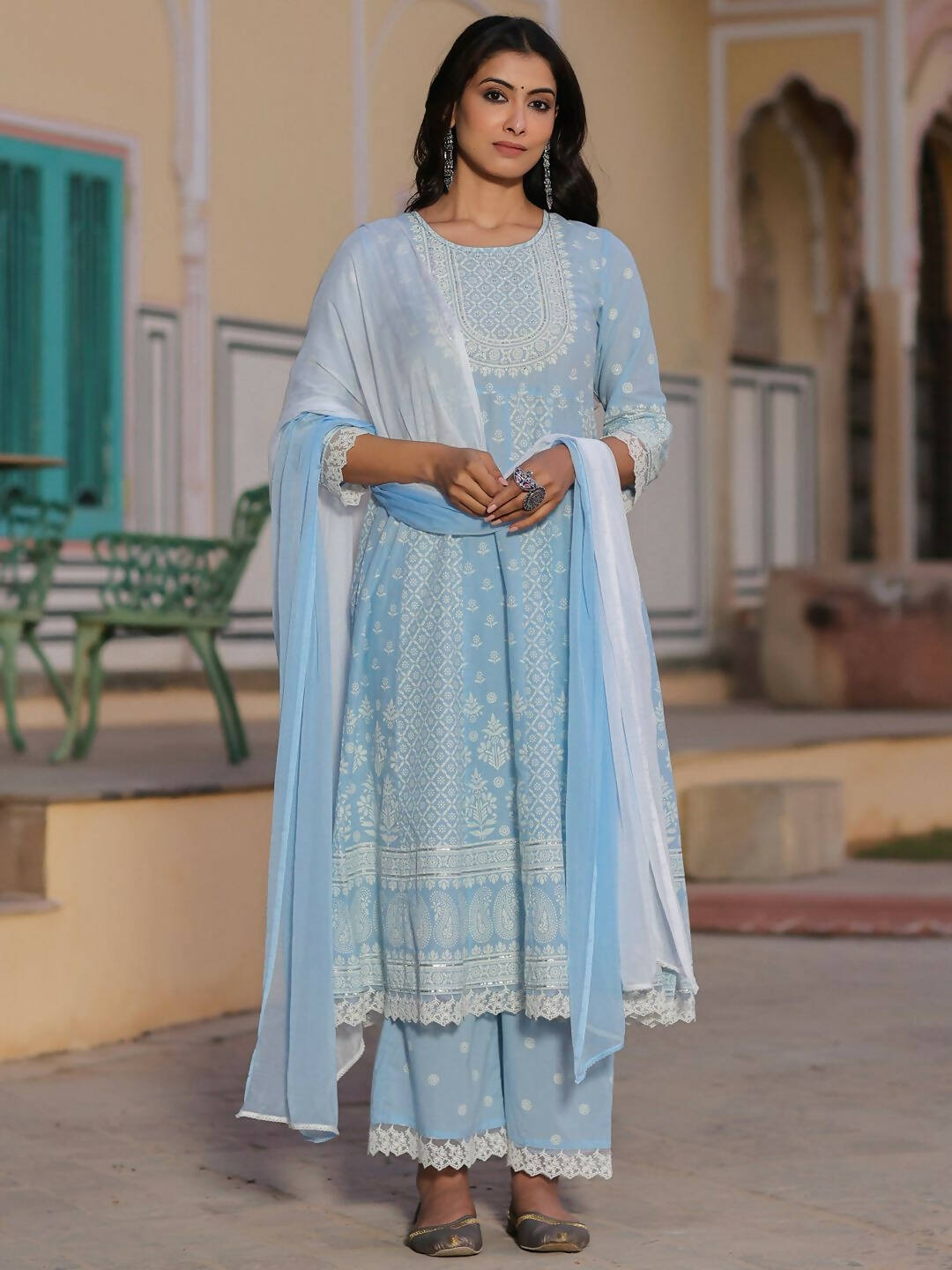 Juniper Women's Powerblue Cambric Floral Printed Anarkali Kurta Sets | Swadesiicart