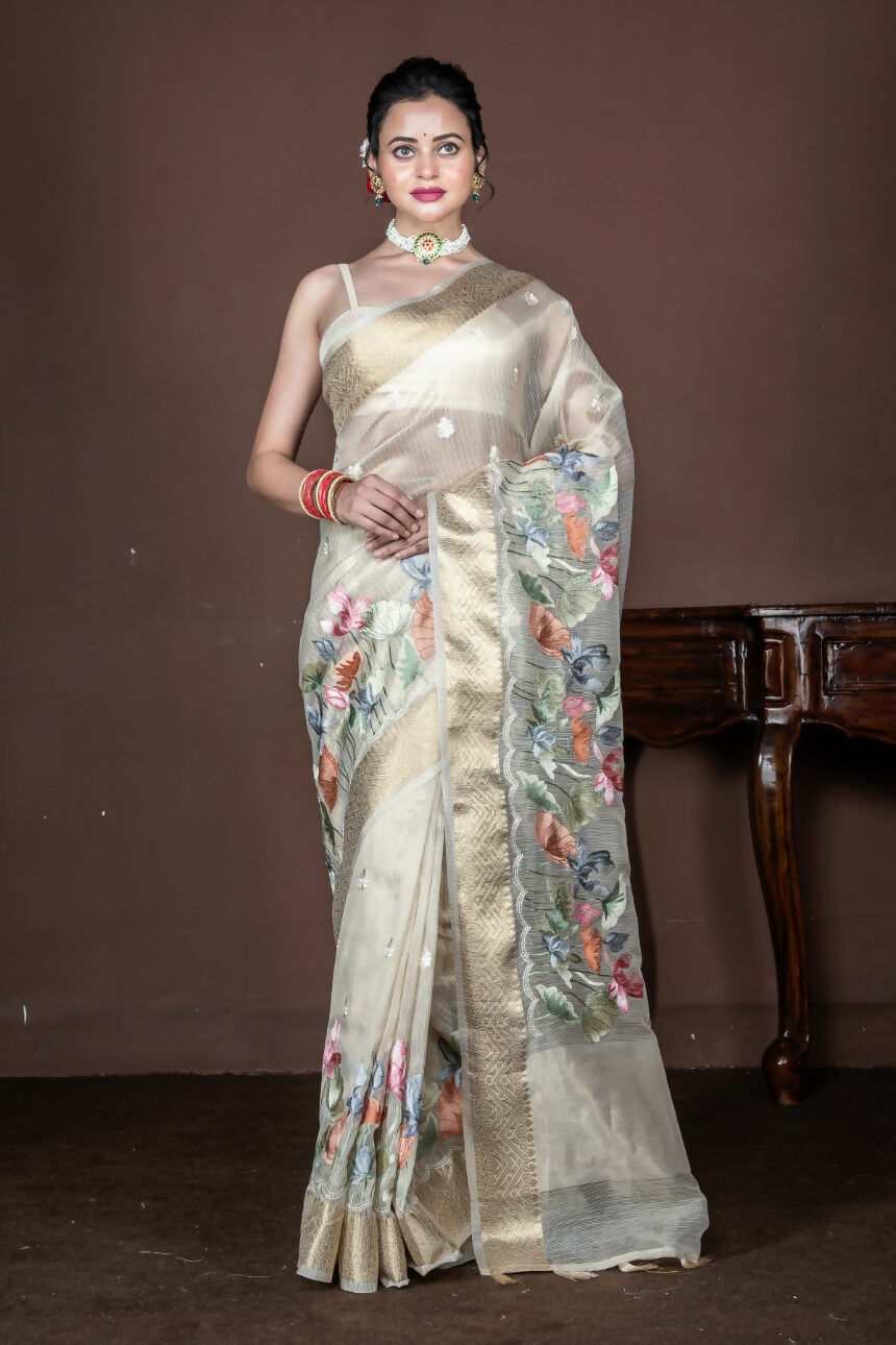Morchari Beige Banarasi Tissue Computer Embroidery Saree Unstitched Blouse | Swadesiicart