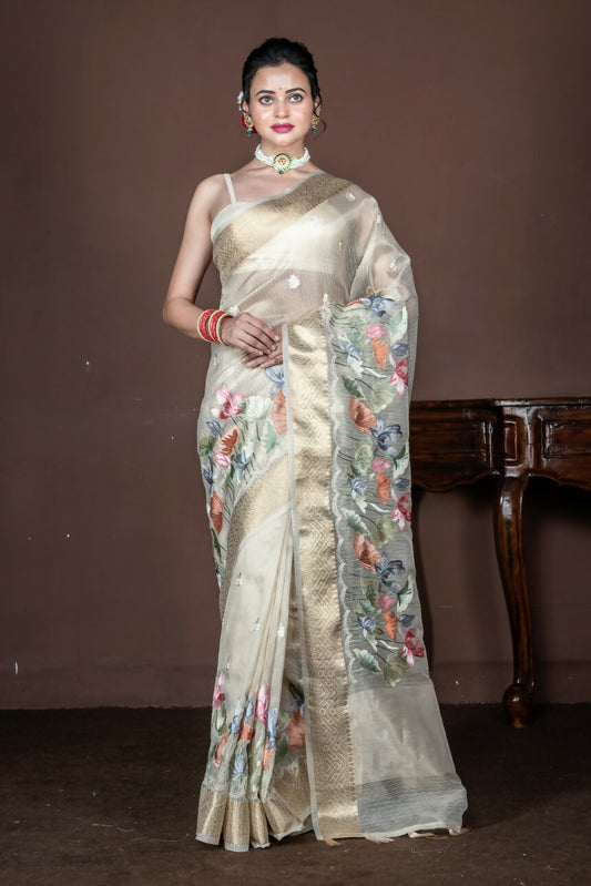 Morchari Beige Banarasi Tissue Computer Embroidery Saree Unstitched Blouse | Swadesiicart