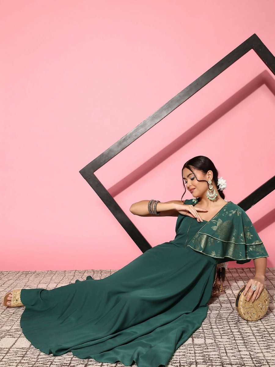 Ahalyaa Gorgeous Green Ethnic Motifs Ruffled Dress | Swadesiicart