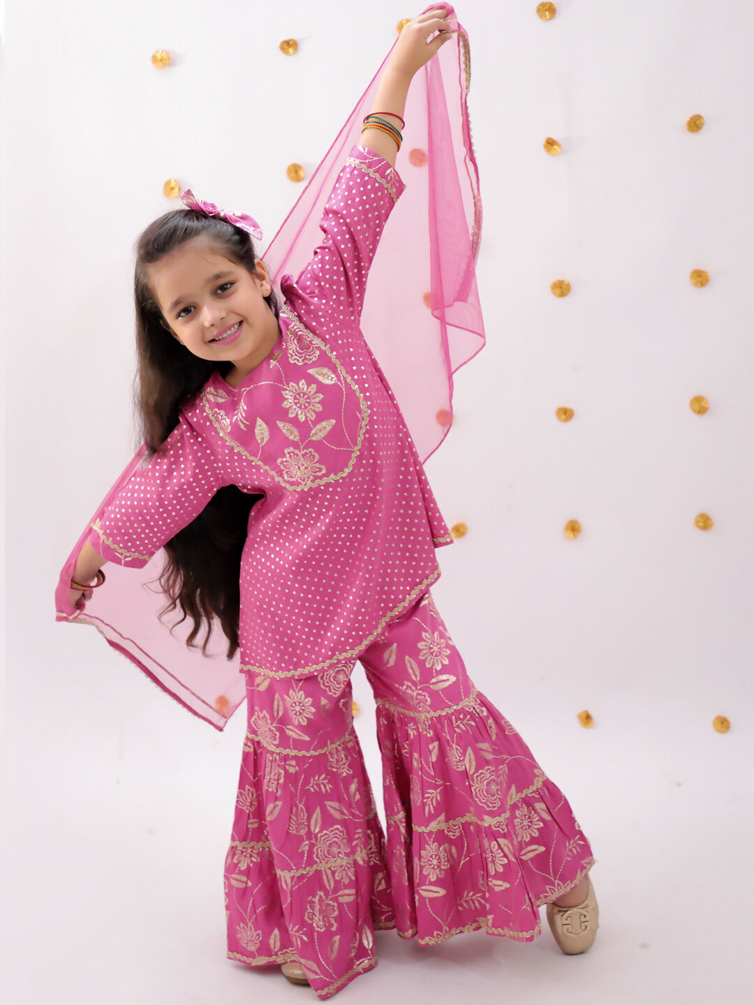 Lil Drama Khilkhilahat Pink Kurta Sharara With Dupatta Set For Girls | Swadesiicart