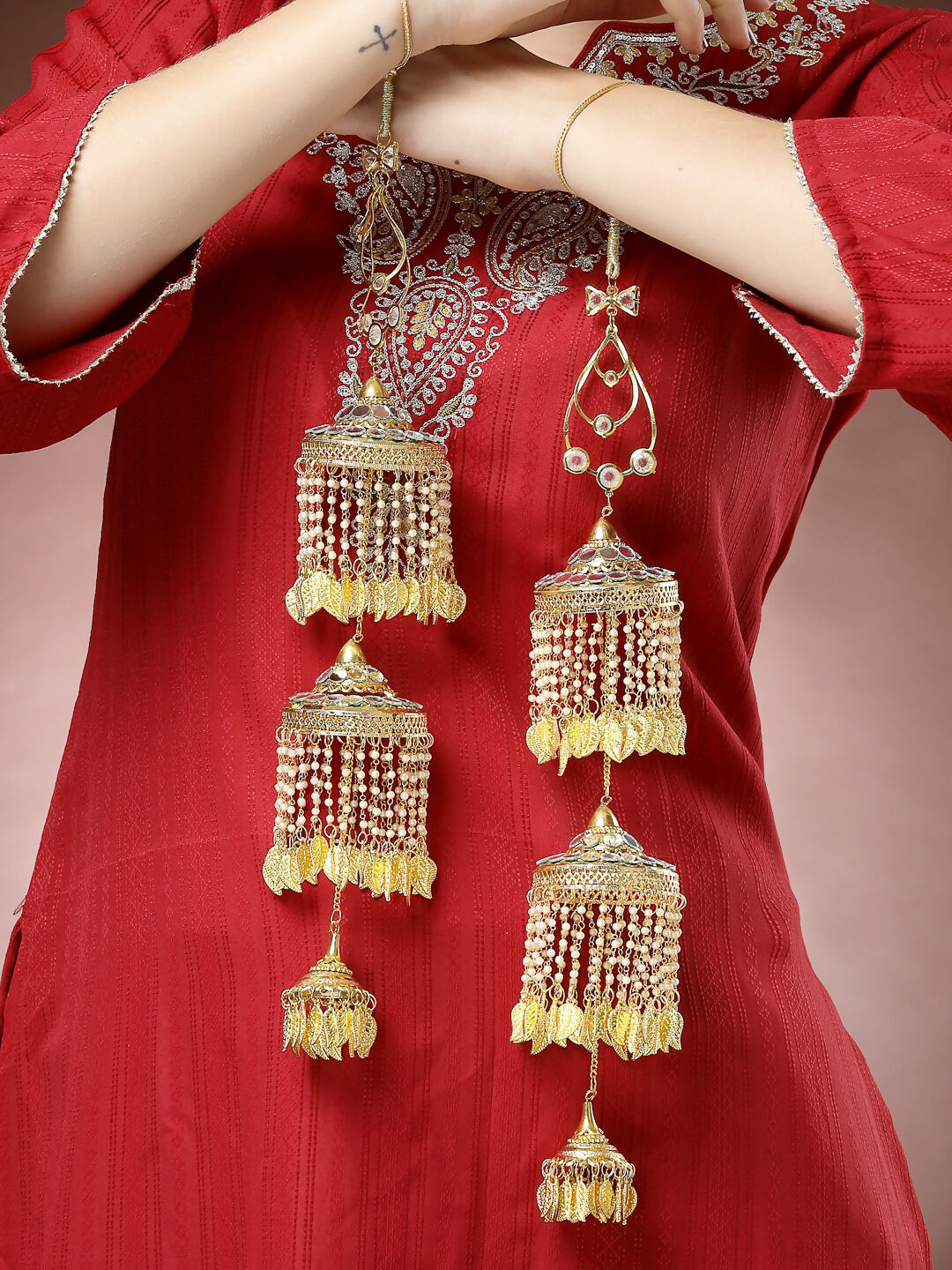 NVR Women's Pack Of 2 Gold-Polished & White Pearl Mirror Work Bridal Layered Kaleera Sets - Swadesiicart
