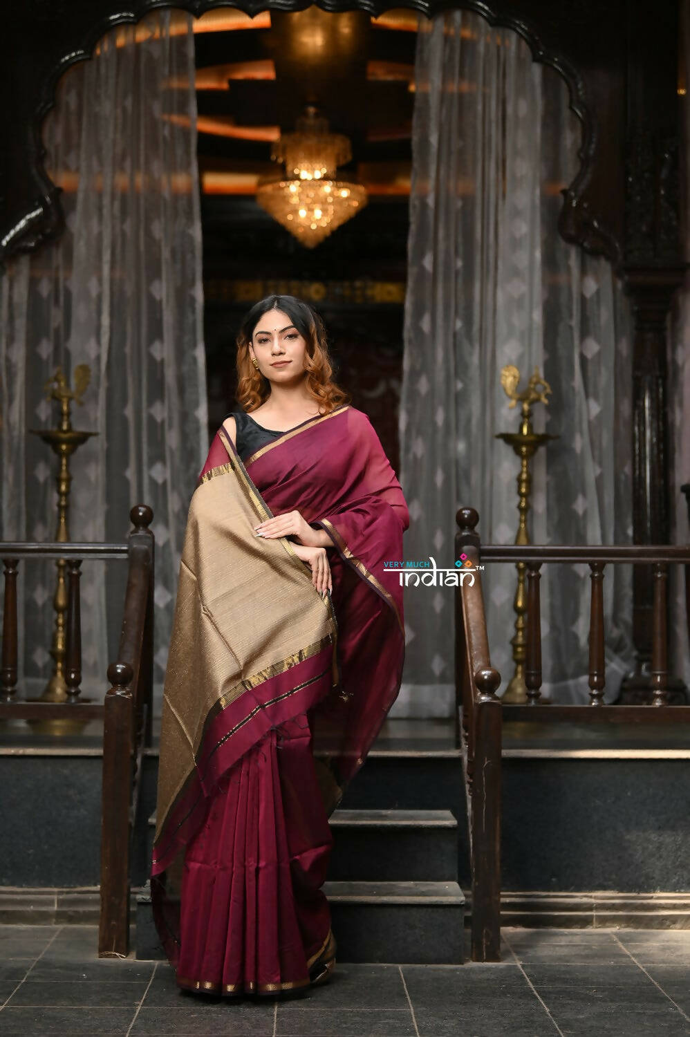 Very Much Indian VMI Exclusive Designer! Handloom Cotton Silk Saree With Sleek Golden Border - Maroon Shade | Swadesiicart
