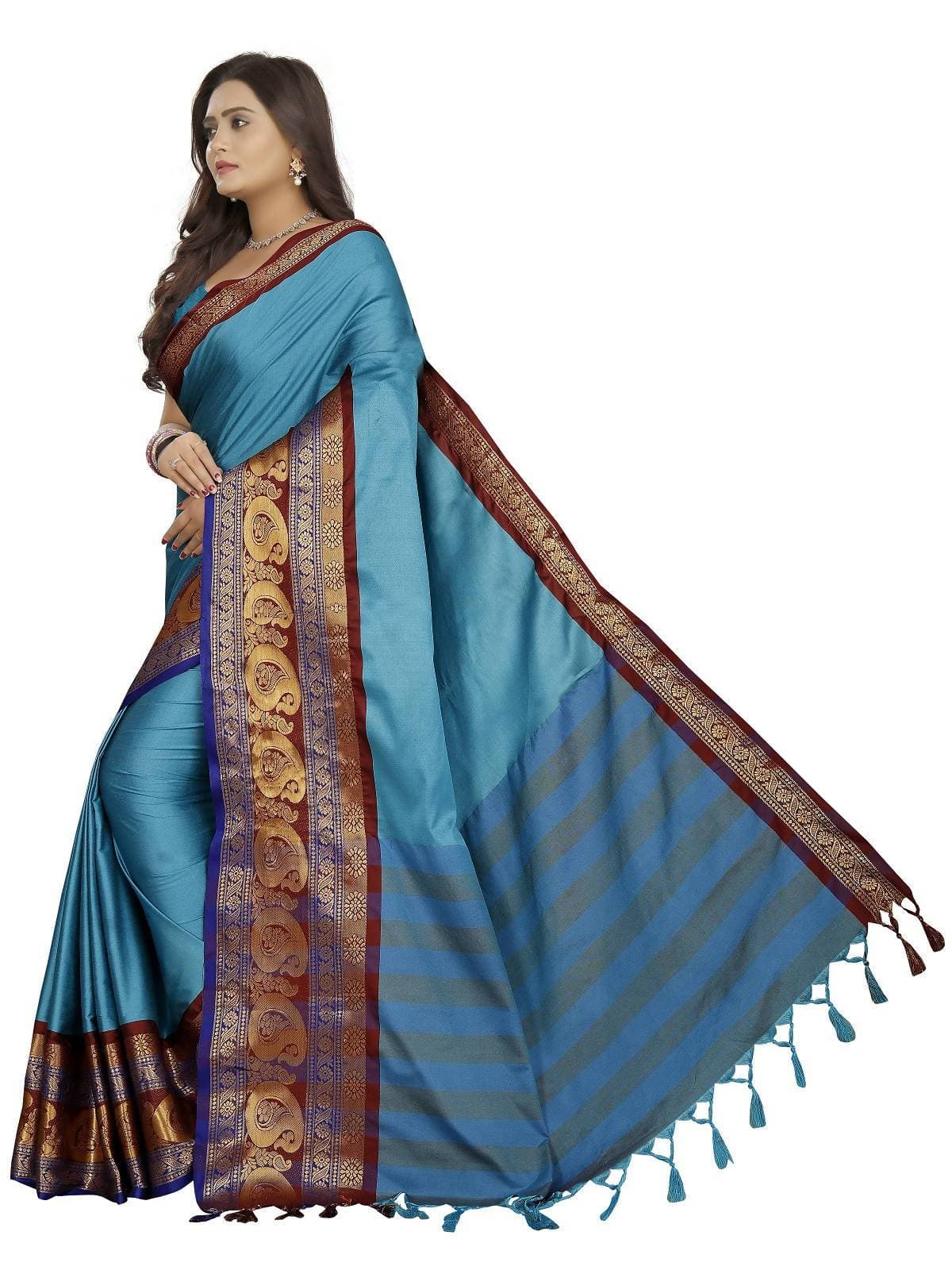 Vamika Banarasi Silk Blue Weaving Saree | Swadesiicart