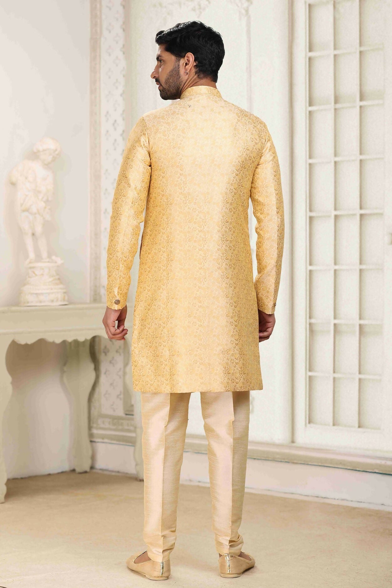 Raivat Ethnic Banarasi Jacquard Embroidery Semi Indo Western Sherwani In Cream Beige Colour | Swadesiicart