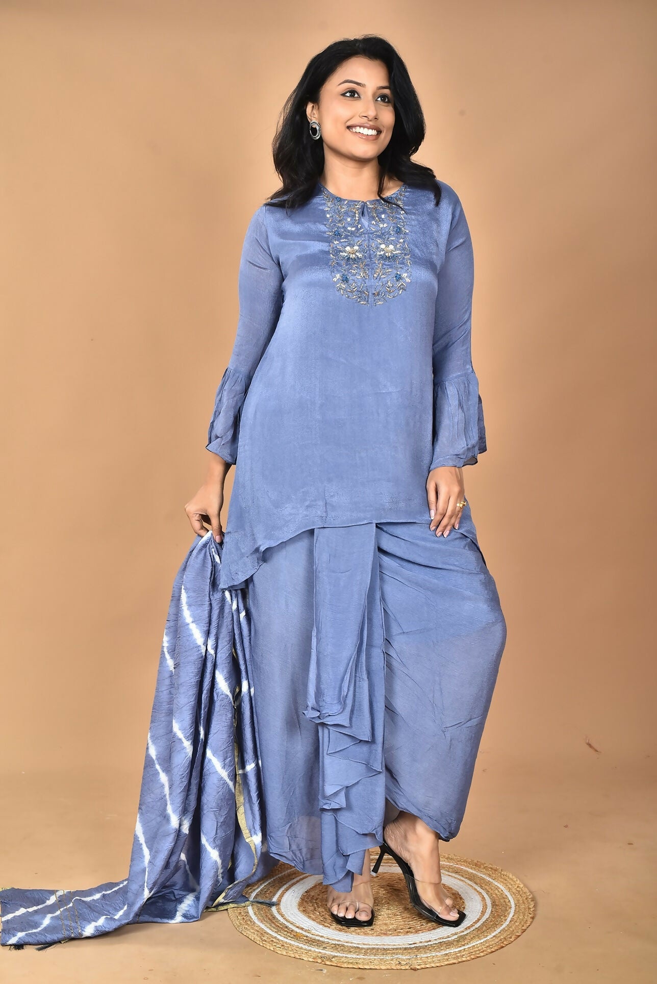 Morchari Women And Hand Embroidery Palazzo Set-Grey - Swadesiicart