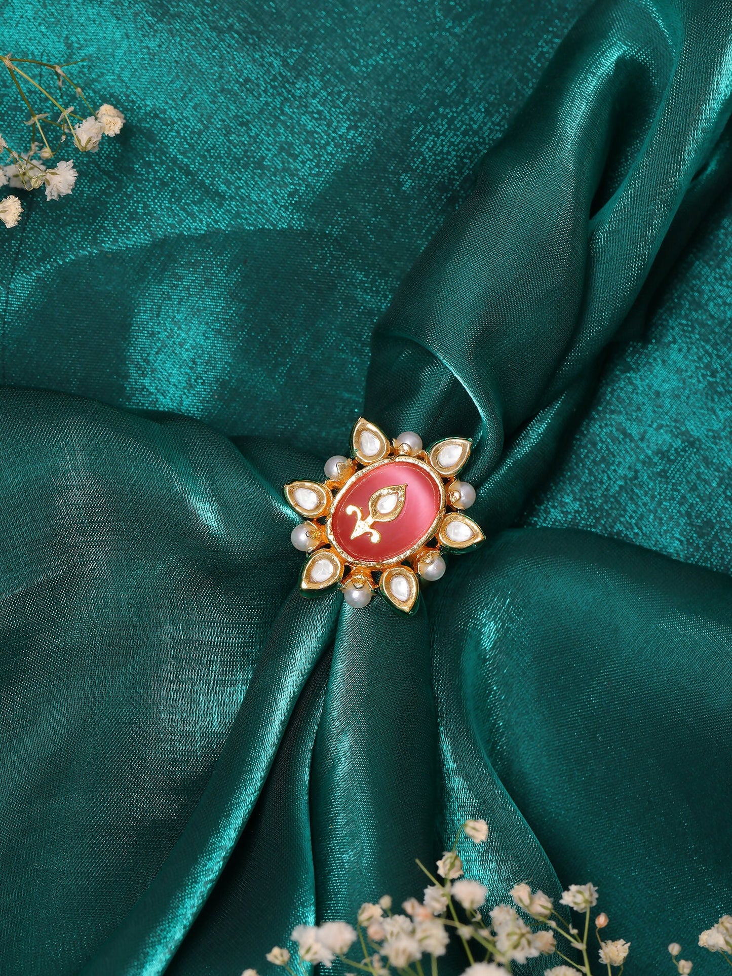 Ruby Raang Gold Polished Peach Kundan Cocktail Ring | Swadesiicart