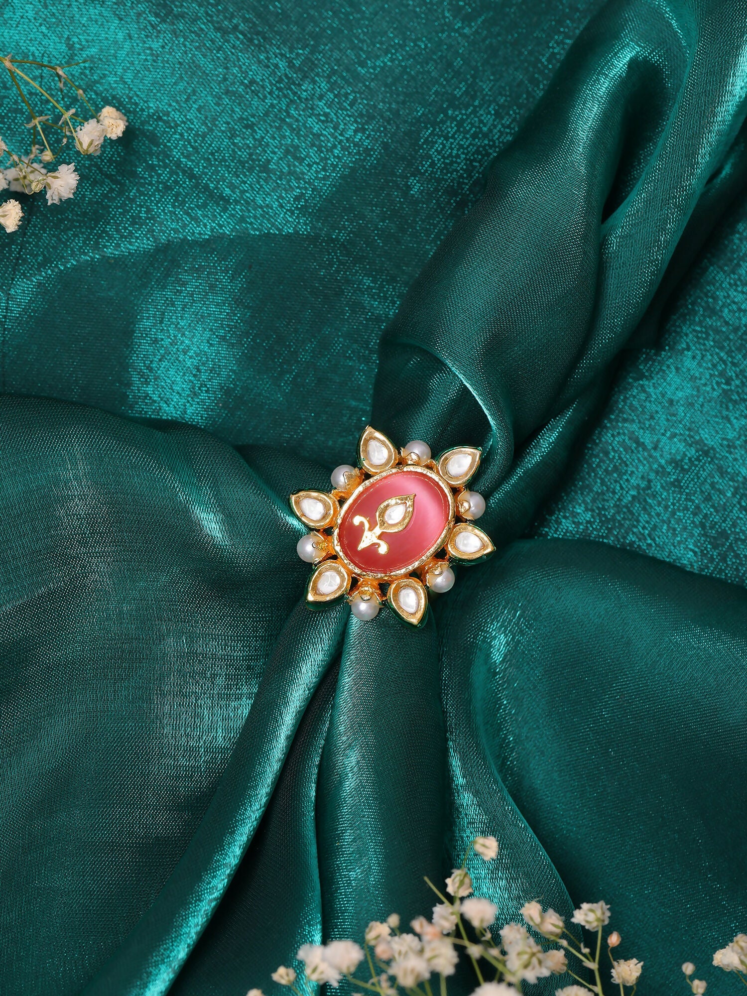Ruby Raang Gold Polished Peach Kundan Cocktail Ring | Swadesiicart