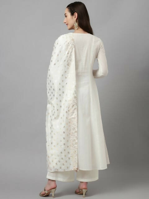 FIORRA Women's White Pure Cotton Flared Kurta Palazzo Set With Dupatta - Swadesiicart