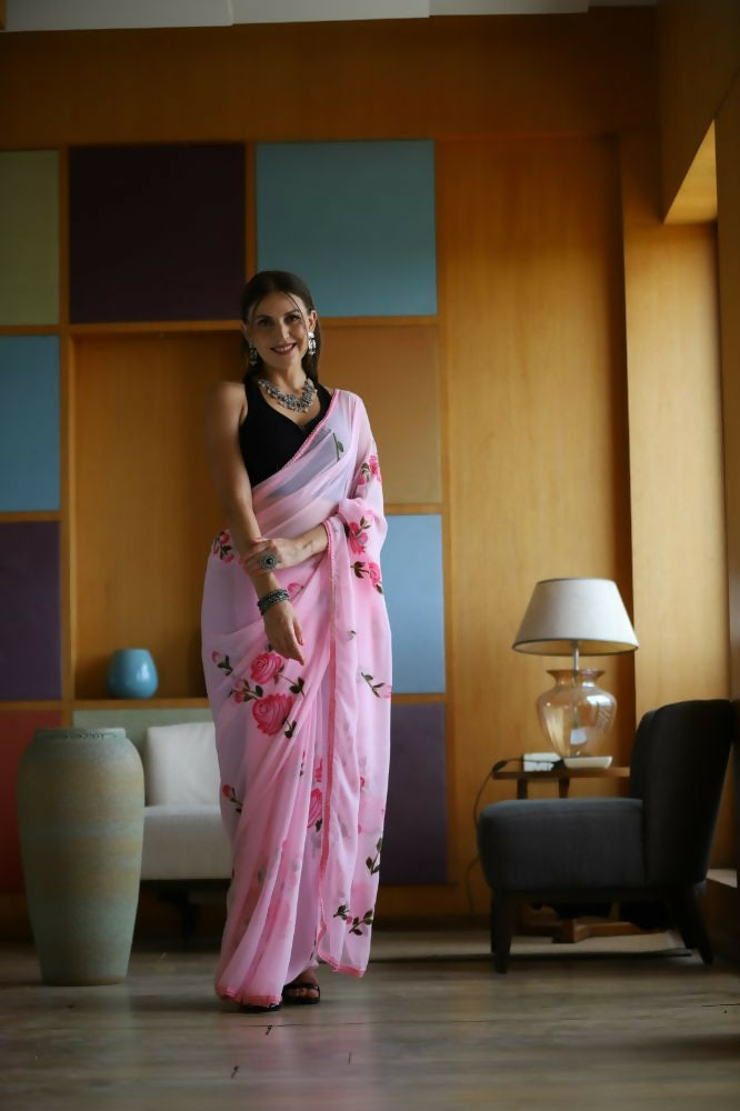 Vamsee Laxmi Pink Georgette Saree - Swadesiicart