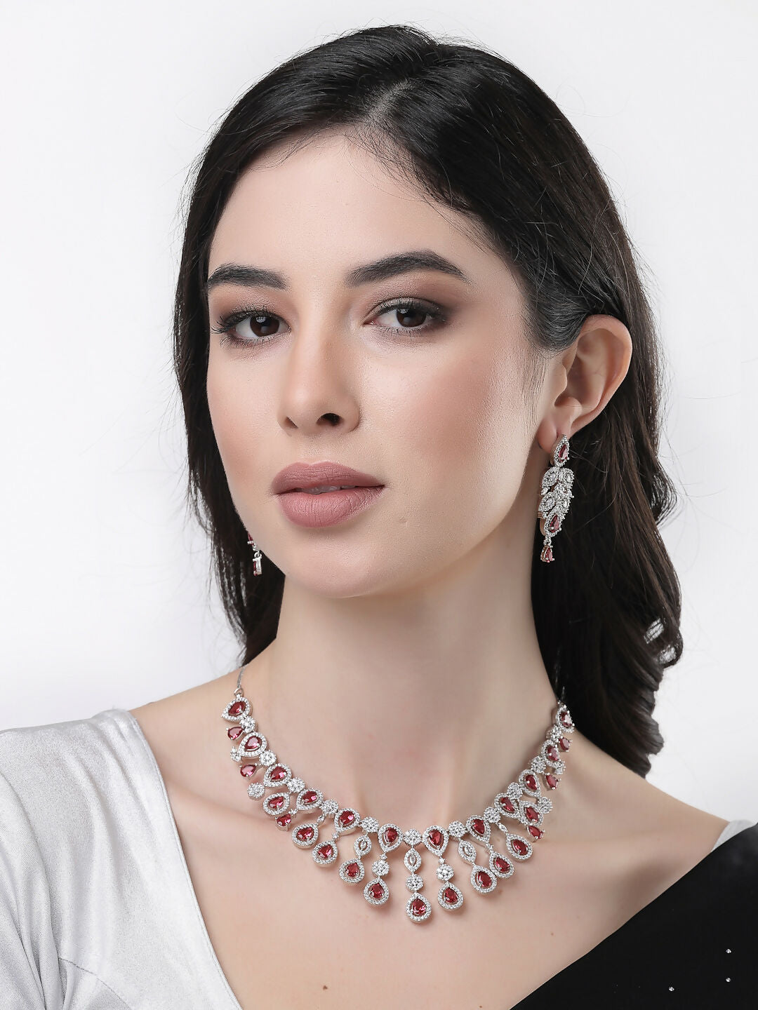 NVR Women's silver plated Maroon CZ stone handcrafted jewellery set - NR Retail-NVR