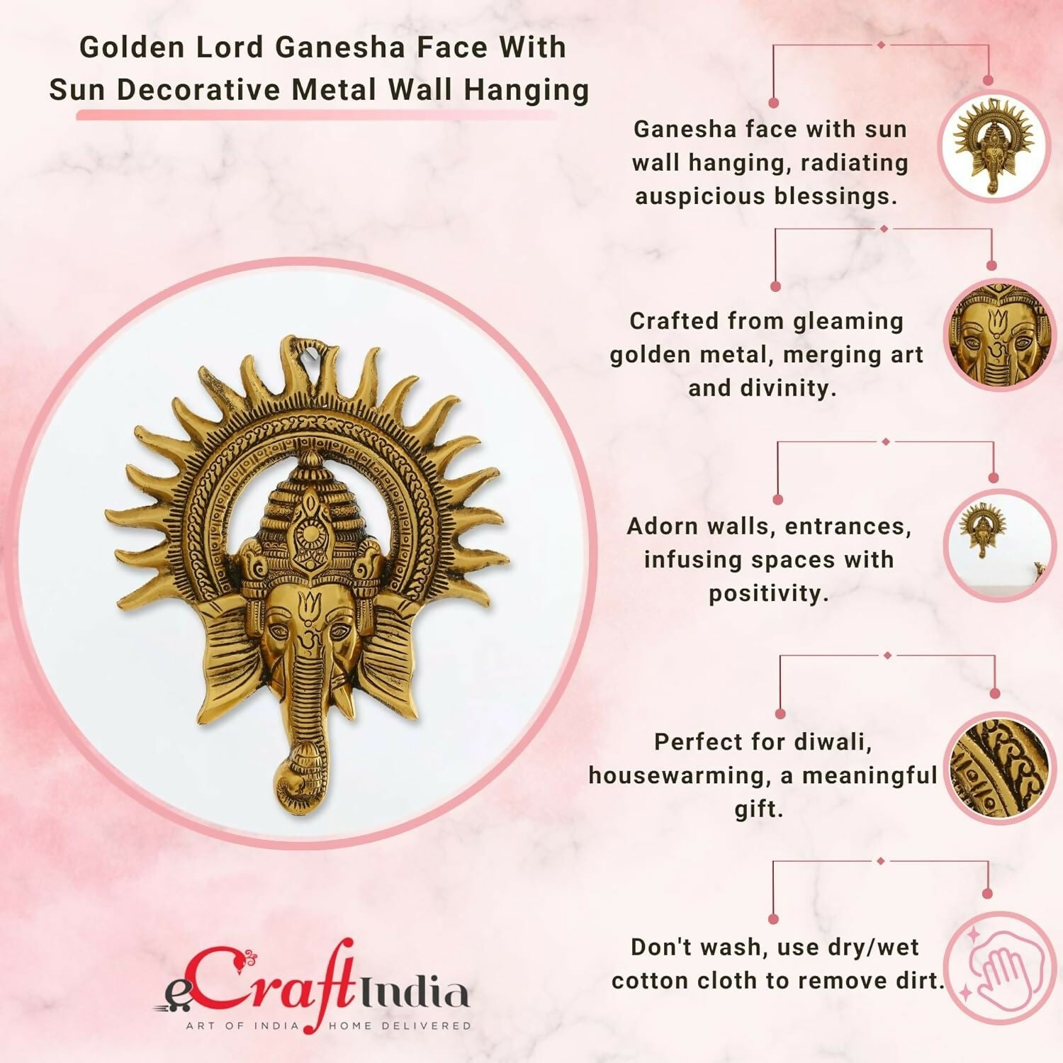 eCraftIndia Golden Lord Ganesha With Sun Decorative Metal Wall Hanging - Swadesiicart