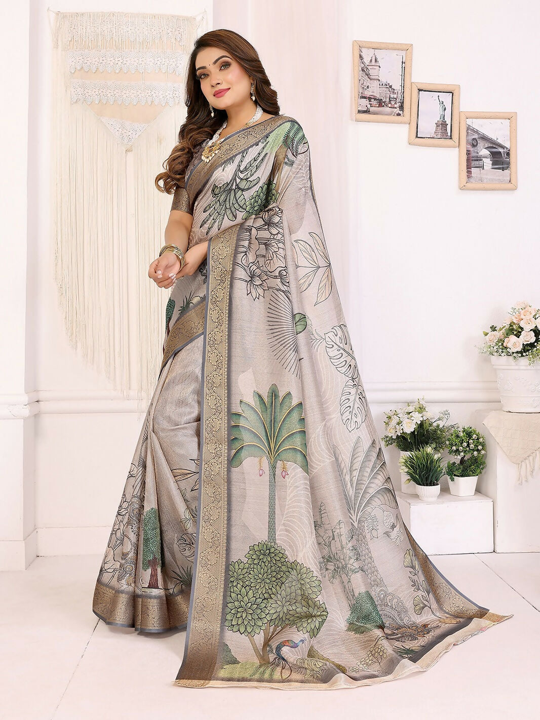 Joban Fashion Mutlicolor Art Print pattern Banarasi Silk Sarees | Swadesiicart