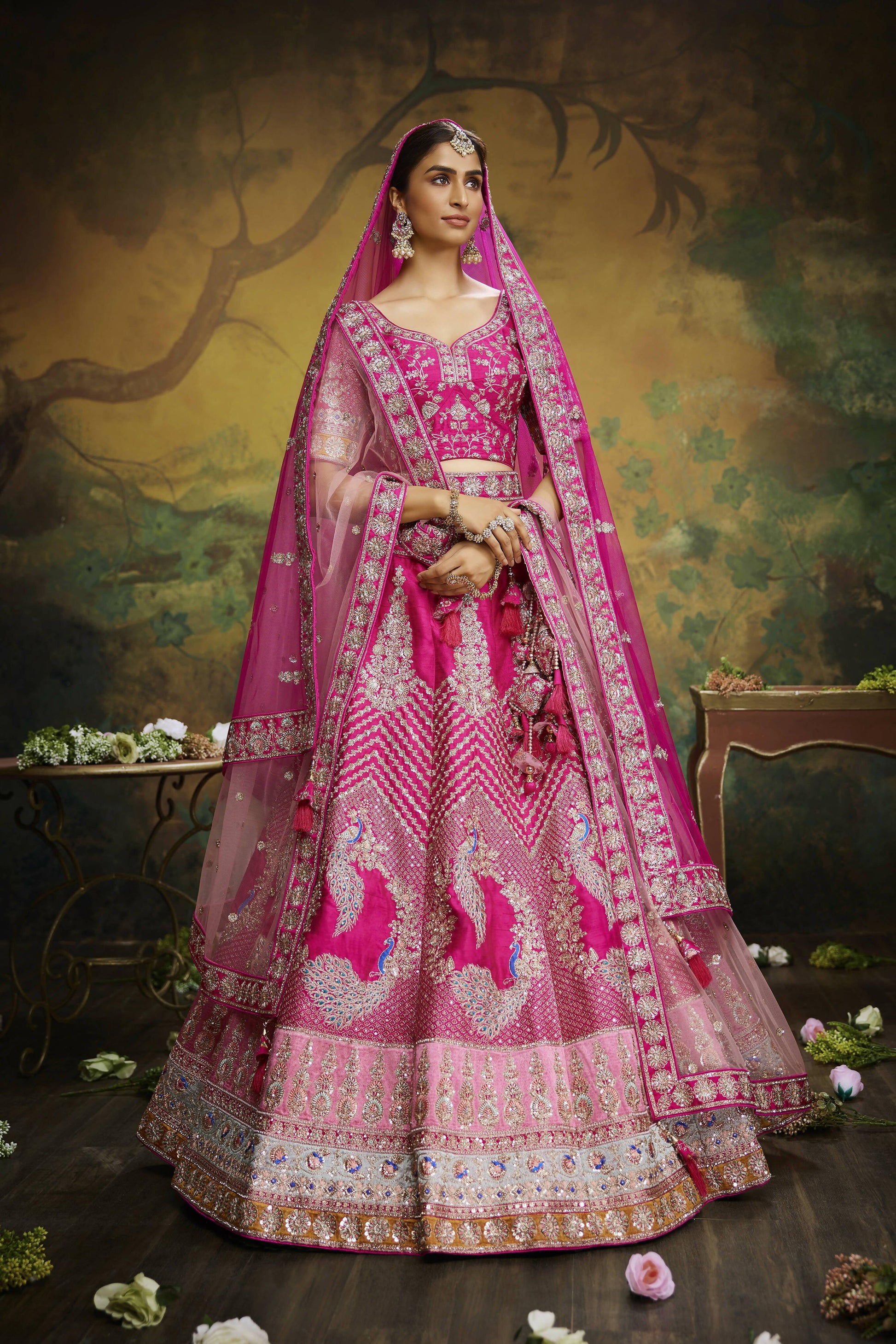 House of Panchhi Pink Pure Silk Moti & Zarkan heavy embroidery Lehenga choli & Dupatta | Swadesiicart