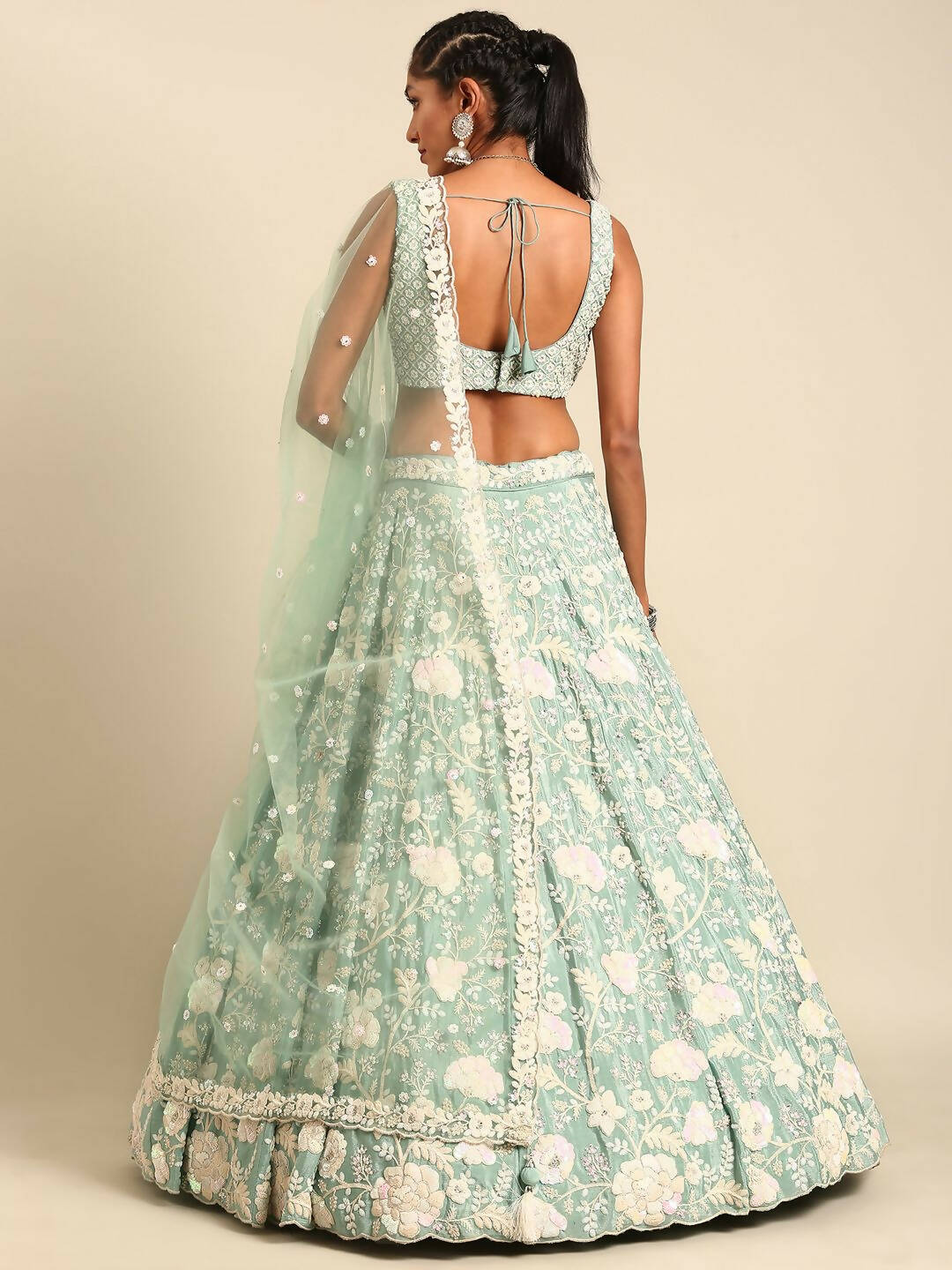 House of Panchhi Sea Green Chinon Sequins and Zarkan embroidery Lehenga choli & Dupatta | Swadesiicart