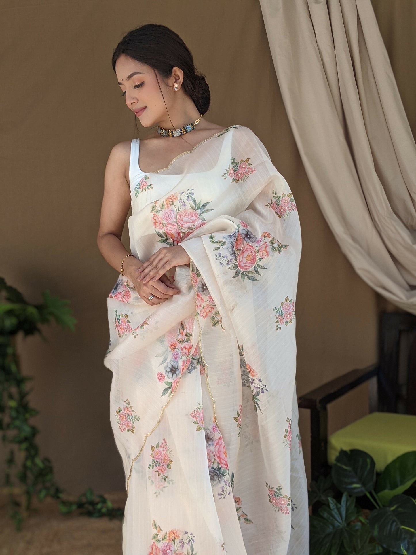 Vamsee Khadi Khatali Cream Khadi Organza Saree - Swadesiicart