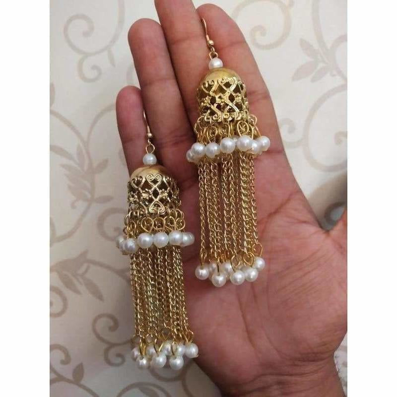 MS Fashion India Bridal Gold Color Jhumka And Hanging Chains With White Pearls Earrings | Swadesiicart