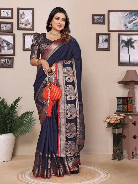 Joban Fashion Dark Blue Solid Banarasi Silk Sarees | Swadesiicart